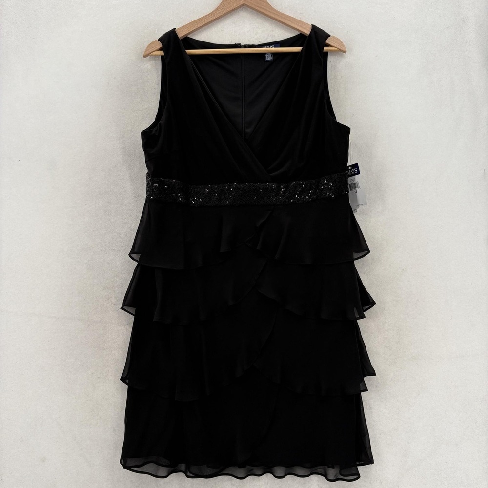 Chaps Dress Womens 16 Black Sequin Waist Tiered Ruffle Chiffon Sleeveless NWT